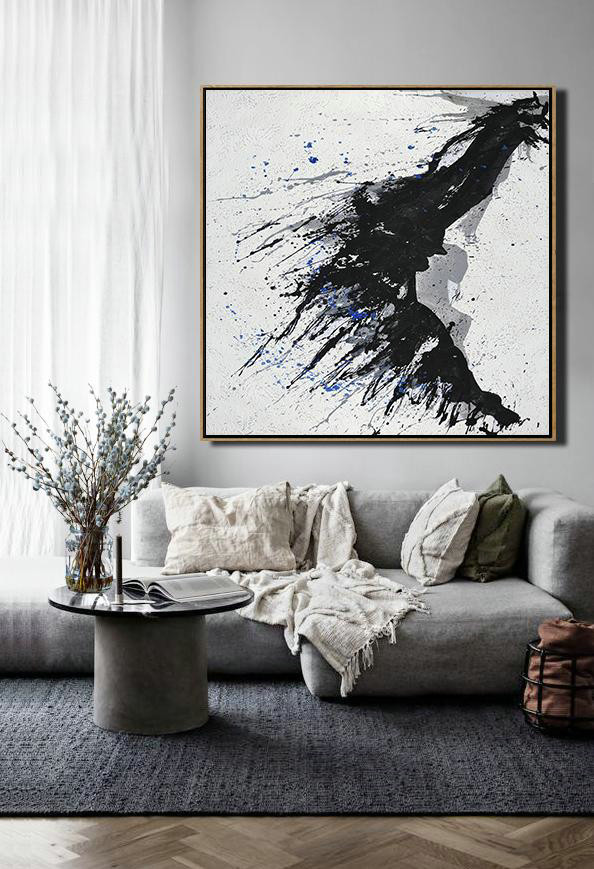 Handmade Large Contemporary Art,Minimalist Drip Painting On Canvas, Black, White, Grey, Blue - Modern Art Abstract Painting